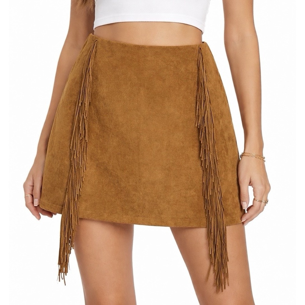 Boho Western Fringe Mini Skirt Small Faux Suede Festival Stretchy Cowgirl NWT